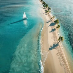 Wall Mural - aerial view of pristine crescent beach turquoise waters gradually fading to deep blue swaying palm trees lining golden sand lone sailboat on horizon