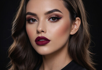  A makeup artist demonstrating a bold lip look with a dramatic, dark background 