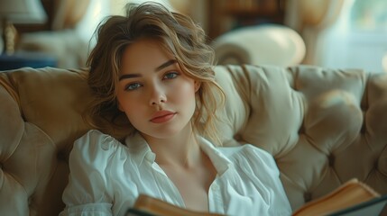 Wall Mural - Young Woman Relaxing on a Couch With a Book, Indoors, Daylight