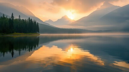 Wall Mural - serene curved lakeshore reflects golden sunrise misty mountains in distance