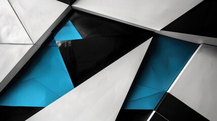 Wall Mural - a contemporary abstract piece with bold, angular shapes in shades of black, white, and blue, creatin