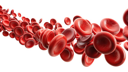 Red blood cells flowing like ripe cherries, isolated on white background