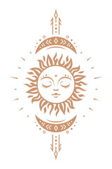 Wall Mural - sun moon vector silhouette design. boho sun with face surrounded by crescent moon and moon phases. v