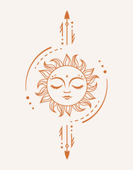 Wall Mural - boho sun vector silhouette design. sun with face surrounded by sacred tribal elements. vector monoch