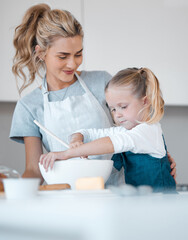 Canvas Print - Kitchen baking, mother and helping child cooking, happy and preparing butter, flour or food ingredients. Mama, love and family fun or woman bonding with daughter, kid development, support and home