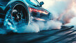 © Cadengo - A close-up shot captures a car drifting on a track, its wheels angled sharply as it slides sideways. Smoke billows from the tires, emphasizing the speed and precision of the maneuver