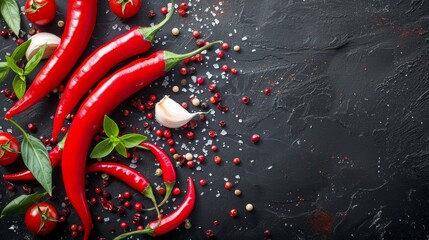 Red chili peppers and spices on a dark surface