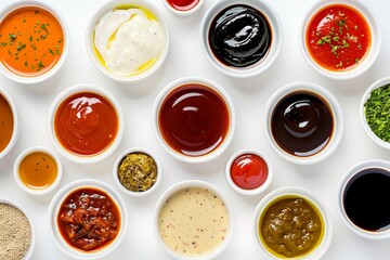 Top view on variety of sauces and condiments on white background