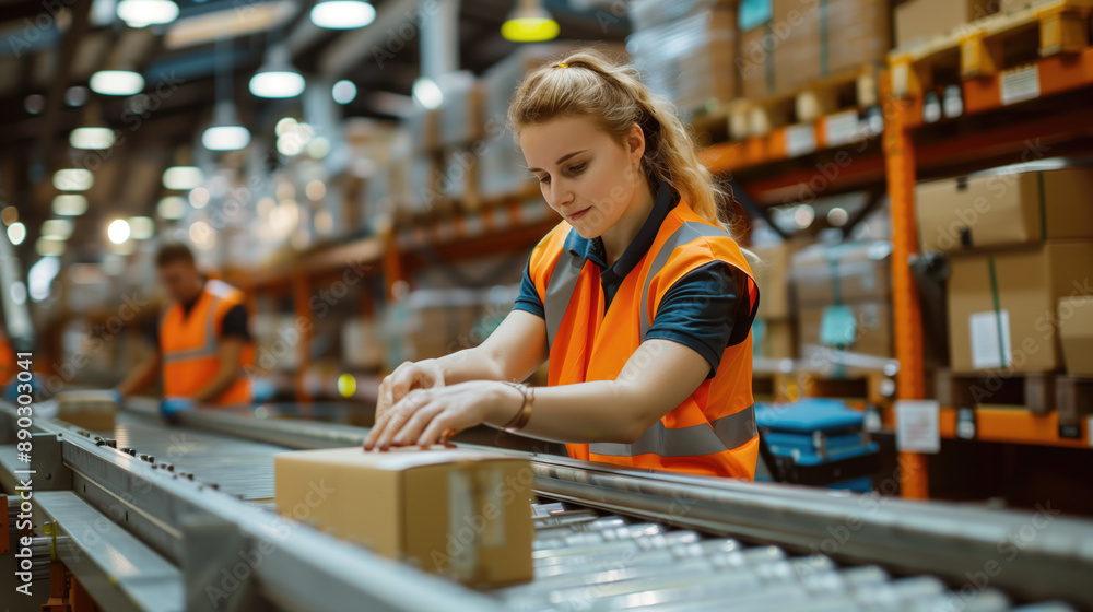 Warehouse worker organizing packages on conveyor belt in large ...