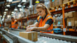 © Anna - Warehouse worker organizing packages on conveyor belt in large distribution center. Logistics, supply chain management, inventory control, shipping, e-commerce fulfillment.