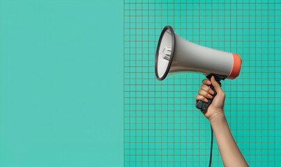 Photo of a hand holding a megaphone with a grid pattern on a teal background, representing marketing and advertising. Web banner with copy space on the right