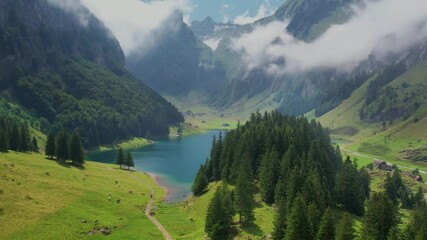 Wall Mural - Aerial of beautiful mountain lake Seealpsee in Alps of Switzerland Sunny summer day