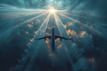 Passenger planes crossing with chemtrails. ai generative