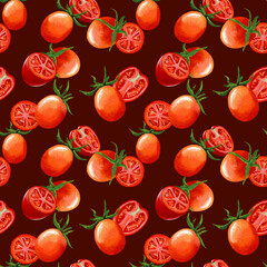 Seamless pattern with  red Tomatoes whole and halfes