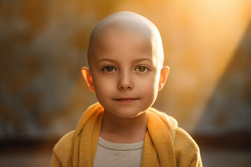 Wall Mural - Cancer awareness conceptual Generative AI illustration with bald hairless cute child after chemo treatment