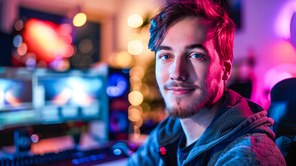 Young man sits in front of a computer screen, illuminated by blue and red lighting, looking directly at the viewer with a smile