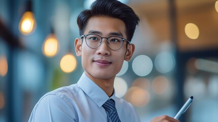 Poster - A man wearing glasses and a blue shirt is holding a pen. He is smiling and looking at the camera