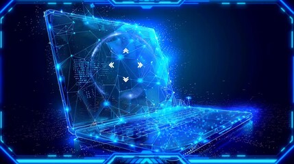 Wall Mural - Holographic digital laptop with abstract digital elements. Seamless looping time-lapse 4k video animation background