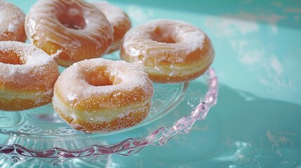 Delicious and sugary donuts rest on a clear platter on a turquoise table