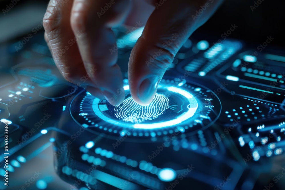 interacting with fingerprint scanner, scan biometric identity and ...