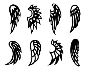 Wall Mural - set of wing silhouettes, black and white illustration. stylized angel wings. symbol, sign, logo, vec