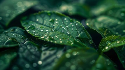 Wall Mural - Dew-Kissed Green Leaves Close-Up