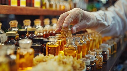 Wall Mural - a person in a white glove is picking up a jar of honey