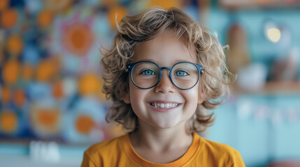 Wall Mural - A cheerful young boy in glasses on a colorful abstract background, perfect for wallpapers and backgrounds, vibrant and playful.