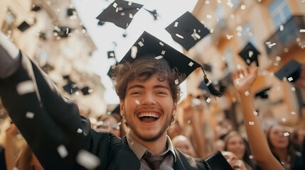 Group of happy graduates throwing caps in the air, celebrating their success, education concept with hats and certificates.