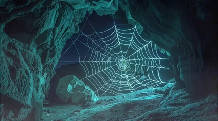 Cobweb with spider at night in dark cave. Seamless looping time-lapse 4k video animation background
