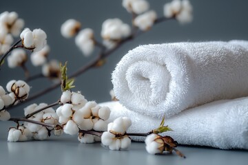 Wall Mural - a rolled white hotel towel with cotton around on grey background