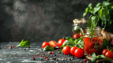 Wall Mural - Fresh tomatoes and herbs in a rustic kitchen setting