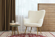 © New Africa - Soft armchair, coffee table and window with curtains in room. Interior design