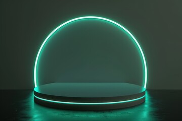 Sticker - 3D Render Abstract White Platform with Green Glowing Neon Halo on Dark Background