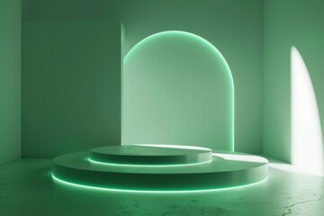 Sticker - 3D Render of Minimalist Green Lit Abstract Showcase with Pedestal in White Background