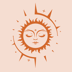 Wall Mural - boho sun vector silhouette design. sun with face surrounded by rays. vector monochrome illustration.