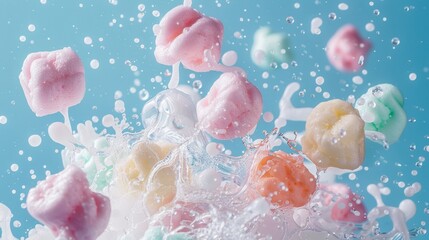 Wall Mural - Colorful Marshmallows Splashing in Liquid on Blue Background