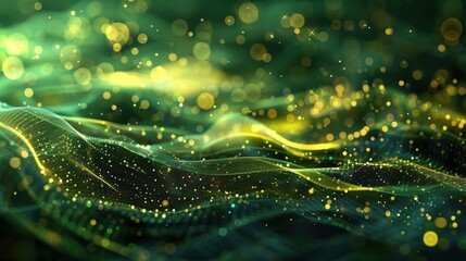 Wall Mural - Abstract Golden Green Particle Light Background with Soft Waves and Sparkling Bokeh