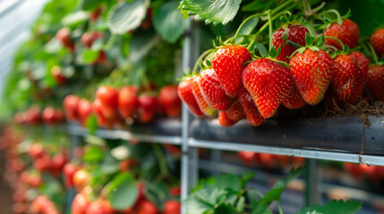 Wall Mural - Juicy strawberries growing in beds in a greenhouse. Sweet berries are grown in an industrial greenhouse. Gardening, growing and ecology concept.