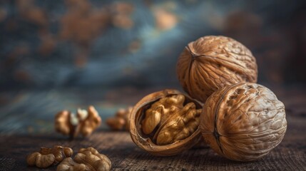 Wall Mural - Close-up of whole and cracked walnuts on a wooden table