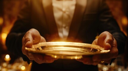 Portrait of waiter with open gold platter ready for serving.