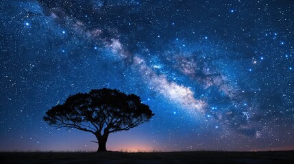 A tree is silhouetted against a starry sky