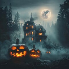 Wall Mural - eerie halloween scene with glowing jackolanterns silhouette of haunted house misty dark forest full moon spooky atmosphere