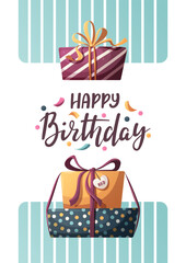 Wall Mural - Birthday card with gift boxes and handwritten lettering. Birthday party, celebration, holiday, event, festive, congratulations concept. Vector illustration. Postcard, card, cover.