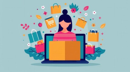 Online shopping, customer browsing products on a laptop, flat design illustration