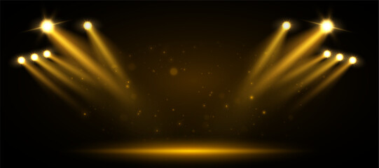 Fototapete - Glowing spotlight beams of light with smoked space for stage. Template for presentation of promotions, awards, design for gambling.