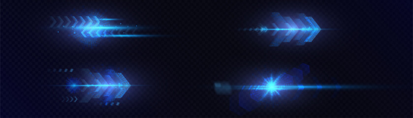 Aufkleber - Bright set of futuristic blue light effects PNG. Bright futuristic flashes of blue glow with glare arrows and explosions of glow. Adobe Illustrator Artwork