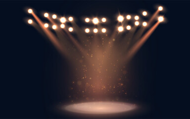 Fototapete - A bright spotlight on the stage shines with warm rays with many sparkles of light dust. Isolated light effect for your design and illustration.
