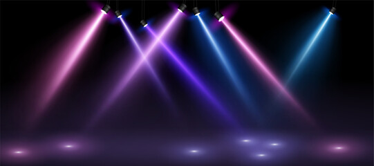 Fototapete - Laser light show. Stage lighting with LED strobes. Empty stage before the performance. Spotlights on a dark background. Vector illustration. Adobe Illustrator Artwork