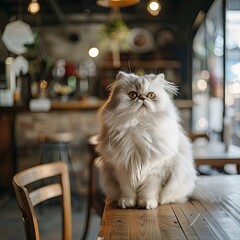 Wall Mural - Cute persian cat sitting on wood table